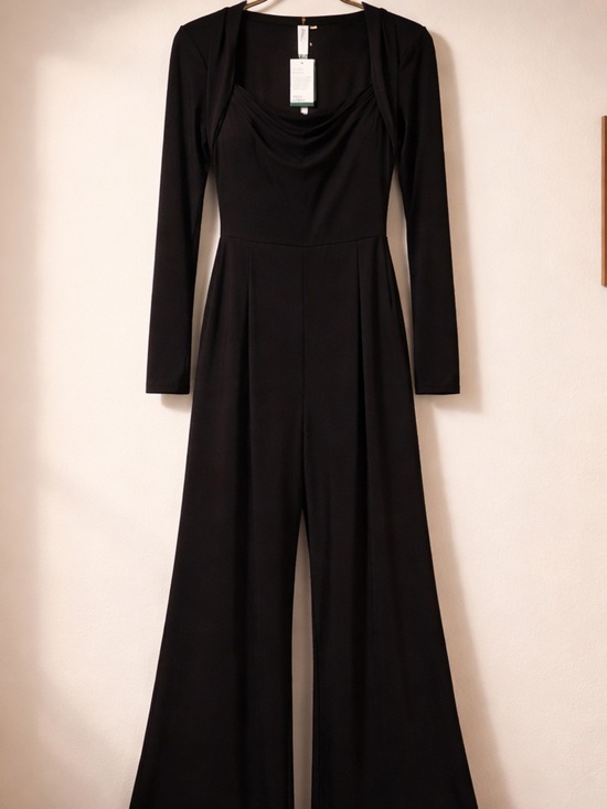 HALARA Pants - HALARA Black Long-Sleeve Wide-Leg Jumpsuit with Draped Neckline